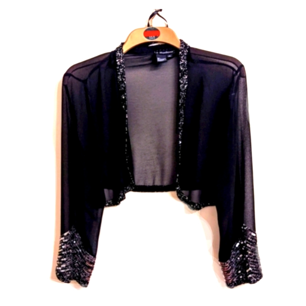 Tahari ASL Black Beaded Cropped Jacket